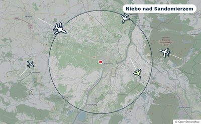 Mapa okolic miasta z sylwetkami samolotów — Niebo nad Sandomierzem