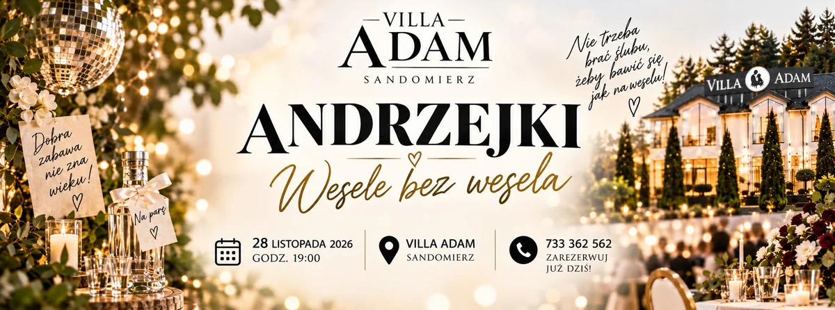 Grafika promocyjna wydarzenia Andrzejki w Villa Adam: wesele bez ślubu