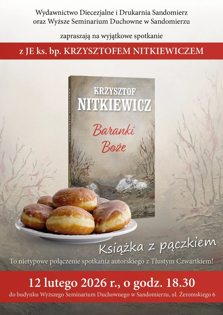 Grafika promocyjna wydarzenia Baranki Boże — spotkanie autorskie z Księdzem Biskupem Krzysztofem Nitkiewiczem