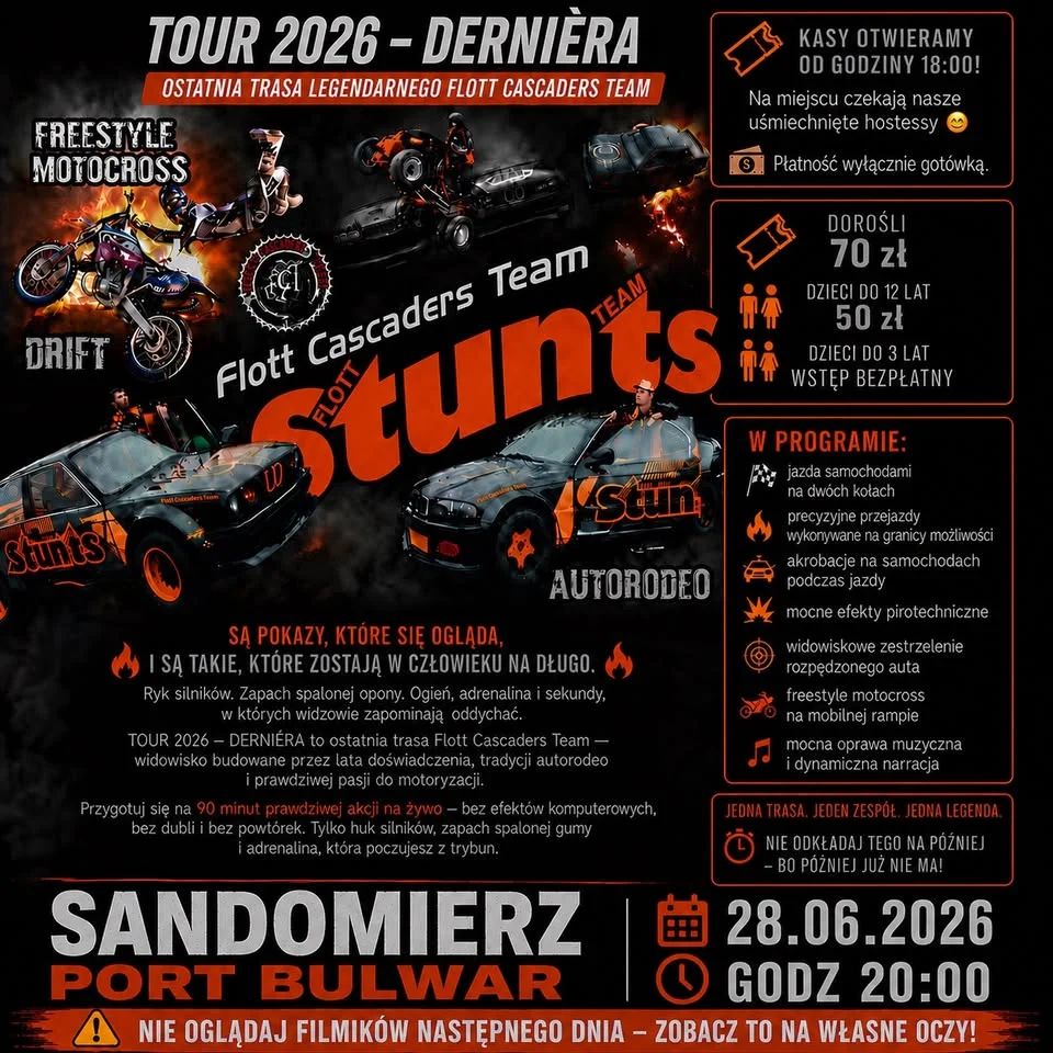 Grafika promocyjna wydarzenia Flott Cascaders Team w Sandomierzu – TOUR 2026: Dernière