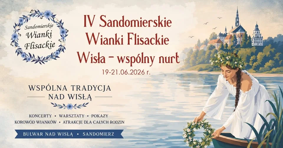 Grafika promocyjna wydarzenia IV Sandomierskie Wianki Flisackie „Wisła - wspólny nurt”