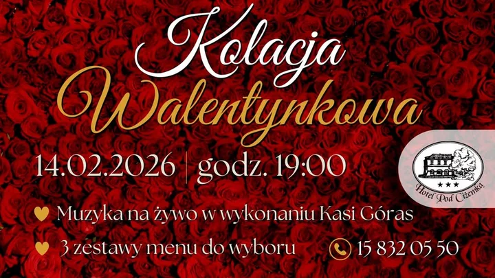 Grafika promocyjna wydarzenia Kolacja Walentynkowa w Hotelu Pod Ciżemką w Sandomierzu