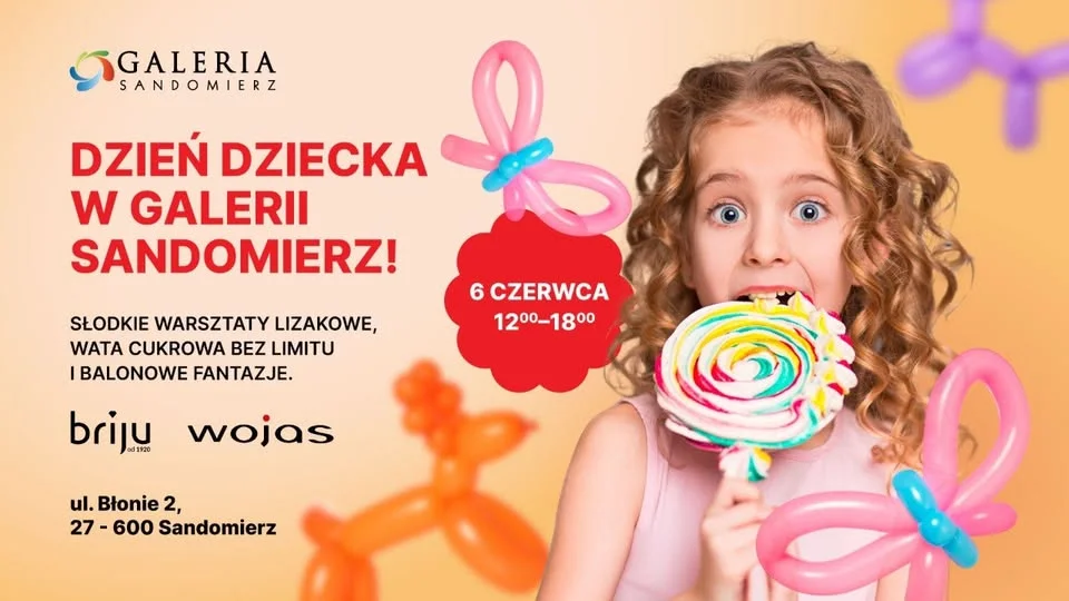 Grafika promocyjna wydarzenia Kolorowy Dzień Dziecka w Galerii Sandomierz: wata cukrowa, baloniarz i warsztaty lizaków