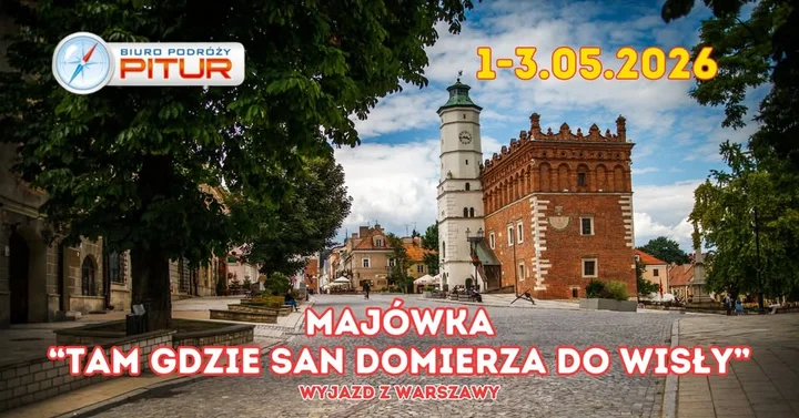 Grafika promocyjna wydarzenia MAJÓWKA „Tam gdzie San domierza do Wisły” — na styku Kotliny i Wyżyny Sandomierskiej