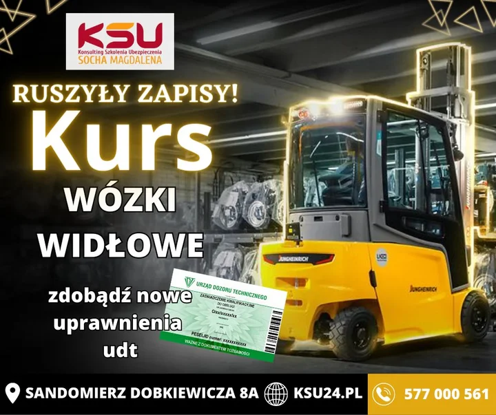 Grafika promocyjna wydarzenia Nowy kurs na wózki widłowe + egzamin UDT (II WJO)