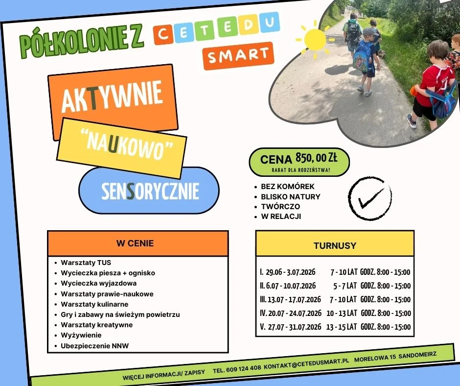 Grafika promocyjna wydarzenia Półkolonie z CET EDUSMART w Sandomierzu – kreatywne wakacje dla dzieci i młodzieży