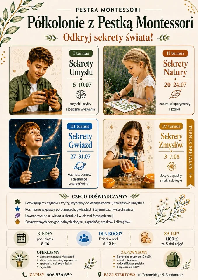 Grafika promocyjna wydarzenia Półkolonie z Pestką Montessori w Sandomierzu