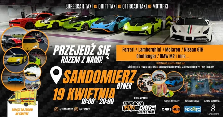 Grafika promocyjna wydarzenia Przejedź się Ferrari, Lamborghini, McLaren, GTR, Challenger i BMW w Sandomierzu
