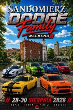 Grafika promocyjna wydarzenia Dodge Family Weekend 2026 w Sandomierzu – amerykański klimat, wozy Dodge i rodzinny zlot na finiszu wakacji