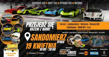 Grafika promocyjna wydarzenia Przejedź się Ferrari, Lamborghini, McLaren, GTR, Challenger i BMW w Sandomierzu