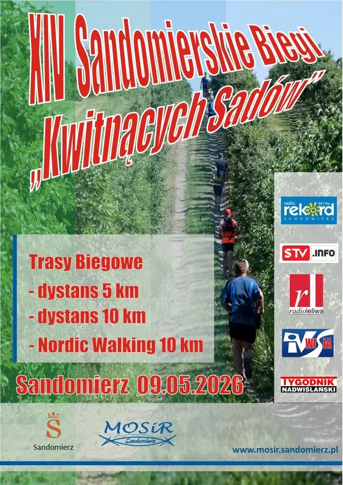 Grafika promocyjna wydarzenia XIV Sandomierskie Biegi „Kwitnących Sadów” w Sandomierzu