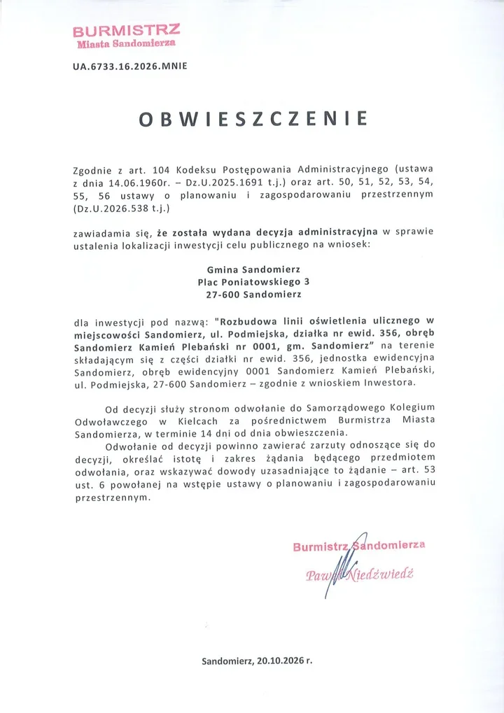 Decyzja dla oświetlenia na ulicy Podmiejskiej. Jest 14 dni na odwołanie
