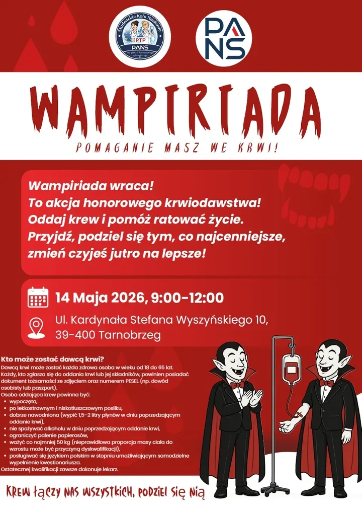 Studenci znów oddadzą krew w Tarnobrzegu. Jubileuszowa Wampiriada wraca